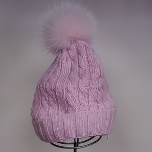 Pink Knit Beanie with Fox Fur Pom